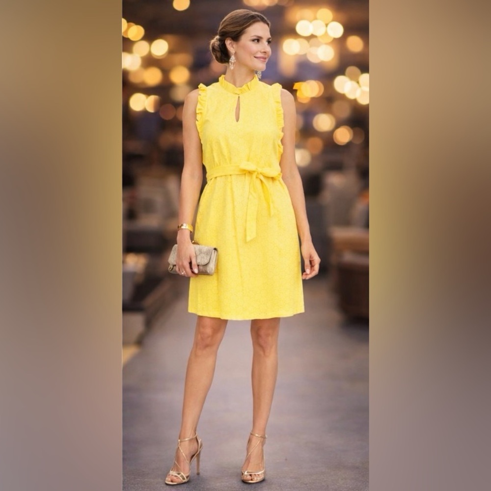 London Times Eyelet Ruffle Neck and Armhole Dress‎ with Waist Tie NWOT